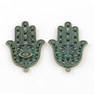 Zinc Alloy Hamsa Hand/Hand of Fatima/Hand of Miriam with Eye Pendants, Cadmium Free & Nickel Free & Lead Free, Antique Bronze & Green Patina, 42x28x2.5mm, Hole: 2mm(X-PALLOY-R065-028-FF)
