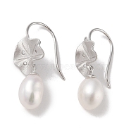 Sterling Silver Dangle Earrings, with Natural Pearl and Cubic Zirconia, Jewely for Women, Leaf, 27x11.5mm(EJEW-C087-05E-P)