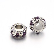 Nice Large Hole Rondelle 304 Stainless Steel Polymer Clay Pave Two Tone Rhinestone European Beads, Stainless Steel Color, Amethyst & Crystal, 12x7mm, Hole: 5mm(CPDL-N008-01K)