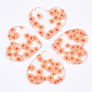 Transparent Clear Cellulose Acetate(Resin) Pendants, Printed, Heart with Flower, Flower Pattern, 36x38.5x2.5mm, Hole: 1.4mm(KY-T040-56D)