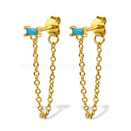 Real 18K Gold Plated 925 Sterling Silver Chains Front Back Stud Earrings, with Rectangle Cubic Zirconia, Sky Blue, 48x4mm(PA4661-3)