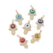 Rack Plating Eco-friendly Brass Micro Pave Clear Cubic Zirconia Pendants, with Handmade Evil Eye Lampwork, Long-Lasting Plated, Cadmium Free & Lead Free, Real 18K Gold Plated, Hamsa Hand Charm, Mixed Color, 25x16x4.5mm, Hole: 4.5x7mm(LAMP-G157-02G)