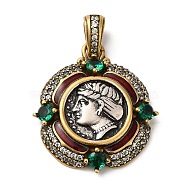 Brass with Cubic Zirconia & Enamel Pendants, Long-Lasting Plated, Cadmium Free & Lead Free, Flat Round with Women Charm, Antique Silver & Antique Golden, 29x26x4.5mm, Hole: 6x3.5mm(KK-Z033-08AS)