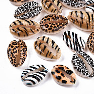 Printed Natural Cowrie Shell Beads, No Hole/Undrilled, with Animal Skin Pattern, Mixed Color, 18~22x13~14x6~8mm(SHEL-S266-18)