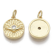 Brass Micro Pave Cubic Zirconia Pendants, with Jump Rings, Nickel Free, Flat Round with Eye, Clear, Real 16K Gold Plated, 13.5x11.5x3mm, Hole: 3mm(ZIRC-S067-011-NF)