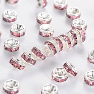 Brass Grade A Rhinestone Spacer Beads, Silver Color Plated, Nickel Free, Rose, 8x3.8mm, Hole: 1.5mm(RSB038NF-07)