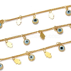 Brass Curb Chains, with Glass Charms, Spool, Long-Lasting Plated, Soldered, Evil Eye, Hamsa Hand/Hand of Fatima/Hand of Miriam, Golden, Links: 2.5x1.9x0.5mm, Charms: 9.8x6x0.3mm and 10x6.5x2.5mm(CHC-L039-10G)