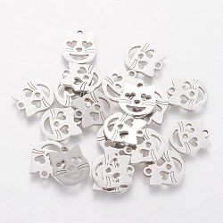 Non-Tarnish 201 Stainless Steel Kitten Charms, Laser Cut, Cat Head with Heart Shape, Stainless Steel Color, 12.4x10.5x1.5mm, Hole: 1.5mm(STAS-Q201-T111)