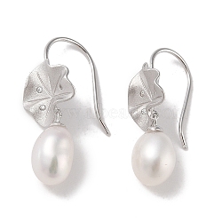 Anti-Tarnish Sterling Silver Dangle Earrings, with Natural Pearl and Cubic Zirconia, Jewely for Women, Leaf, 27x11.5mm(EJEW-C087-05E-P)