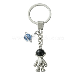 Alloy Enamel & Rhinestone Keychain, with Iron Rings, Planet, Spaceman, Platinum, 9.3cm(KEYC-YW00044)