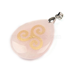 Saint Patrick's Day Natural Rose Quartz Pendants, Teardrop Charms with Gold Color Cloud Print, 32x25mm(PW-WG63768-04)