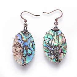 Abalone Shell/Paua Shell Dangle Earrings, with Brass Earring Hooks, Oval with Tree, Red Copper, 55.5~57.5mm, Pin: 0.6mm(EJEW-L235-02R)