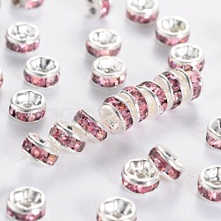 Brass Grade A Rhinestone Spacer Beads, Silver Color Plated, Nickel Free, Rondelle, Rose, 8x3.8mm, Hole: 1.5mm(RSB038NF-07)