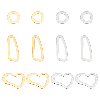 12Pcs 6 Style 304 Stainless Steel Linking Rings, Flat Round & Scabbard & Heart, Golden & Stainless Steel Color, 12~25x11~21x1mm, Inner Diameter: 1.4~7x1.4~20mm, 2pcs/style