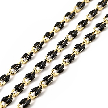 Brass Enamel Curb Chains, Soldered, with Spools, Real 18K Gold Plated, Black, 7x3x1.7mm
