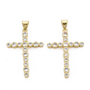 Brass Micro Pave Cubic Zirconia Pendants, Nickel Free, Cross, Real 16K Gold Plated, 30x21.5x2.5mm, Hole: 3x5mm