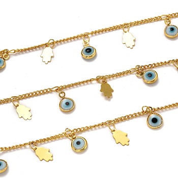 Brass Curb Chains, with Glass Charms, Spool, Long-Lasting Plated, Soldered, Evil Eye, Hamsa Hand/Hand of Fatima/Hand of Miriam, Golden, Links: 2.5x1.9x0.5mm, Charms: 9.8x6x0.3mm and 10x6.5x2.5mm