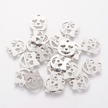 201 Stainless Steel Kitten Charms, Laser Cut, Cat Head with Heart Shape, Stainless Steel Color, 12.4x10.5x1.5mm, Hole: 1.5mm