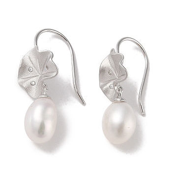 Sterling Silver Dangle Earrings, with Natural Pearl and Cubic Zirconia, Jewely for Women, Leaf, 27x11.5mm