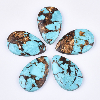 Assembled Natural Bronzite and Synthetic Turquoise Pendants, teardrop, Sky Blue, 48x30~30.5x7mm, Hole: 1.4mm