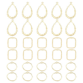 30Pcs 3 Style Brass Pendants, Round Ring & Rectangle & Teardrop, Light Gold, 20~33x17~22.5x1~2mm, Hole: 0.9~1.5mm, 10pcs/style