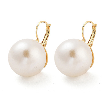 Round Rack Plating Brass & Acrylic Pearl Leverback Earrings, Cadmium Free & Lead Free, Long-Lasting Plated, Real 18K Gold Plated, 25x19.5mm