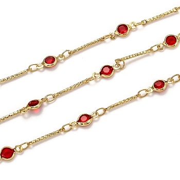 3.28 Feet Handmade Brass Bar Link Chains, with Glass, Long-Lasting Plated, Soldered, Golden, Red, Link: 13x1.8x1mm