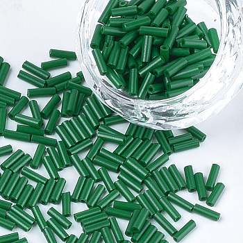 Baking Paint Glass Bugle Beads, Round Hole, Dark Green, 6~6.5x2mm, Hole: 0.8mm, about 30000pcs/bag