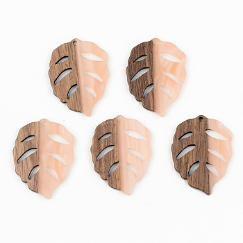 Opaque Resin & Walnut Wood Pendants, Leaf, Light Salmon, 37x28x3mm, Hole: 2mm