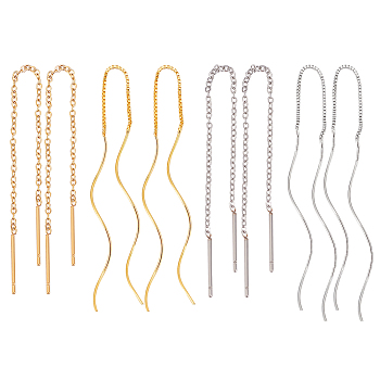 4 Pairs 4 Style Titanium Steel Chain Tassel Ear Threads, Brass Twist Wave Dangle Stud Earrings for Women, Platinum & Golden, 90x1mm, Pin: 0.6mm, 128x5mm, Pin: 0.8mm, 1 Pair/style