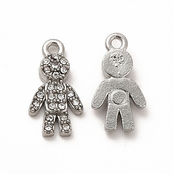 316 Surgical Stainless Steel with Crystal Rhinestone Pendants, Human Charms, Stainless Steel Color, 12.5x6.5x2.5mm, Hole: 1.2mm