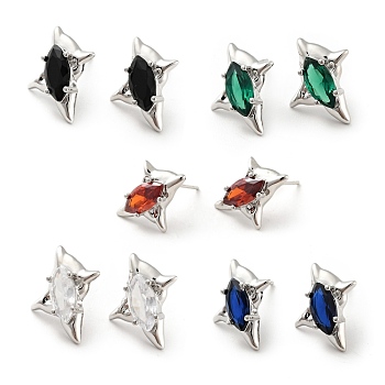 Cubic Zirconia Star Stud Earrings, Platinum Plated Brass Jewelry for Women, Cadmium Free & Nickel Free & Lead Free, Mixed Color, 17x14mm, Pin: 0.8mm