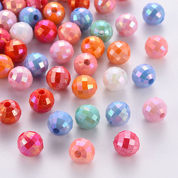 Opaque Acrylic Beads, Dyed, AB Color, Faceted, Round, Mixed Color, 8x7.5mm, Hole: 1.8mm, about 2000pcs/500g