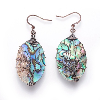Abalone Shell/Paua Shell Dangle Earrings, with Brass Earring Hooks, Oval with Tree, Red Copper, 55.5~57.5mm, Pin: 0.6mm