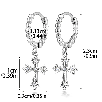 Rhodium Plated 925 Sterling Silver Micro Pave Cubic Zirconia Dangle Hoop Earrings, Cross, with 925 Stamp, Platinum, 23mm