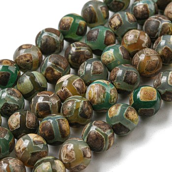 Tibetan Style dZi Beads Strands, Natural & Dyed Agate Beads, Round, Medium Sea Green, Turtle Back Pattern, 10mm, Hole: 1.4mm, about 37pcs/strand, 14.57''(37cm)