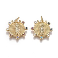Brass Mirco Pave Colorful Cubic Zirconia Pendants, Long-Lasting Plated, for Religion, with Jump Rings, Flat Round & Virgin Mary, Real 18K Gold Plated, 19x19x2.5mm, Hole: 3.5mm(ZIRC-A011-18G)