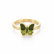 Rack Plating Light Gold Alloy Enamel Rings, Cadmium Free & Lead Free, Butterfly, Dark Green, US Size 7 1/2(17.7mm)(RJEW-Q163-004-RS)