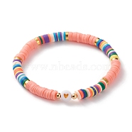 Polymer Clay Heishi Beads Stretch Bracelets, with Acrylic Enamel Heart Beads and Brass Beads, Tomato, Inner Diameter: 2-1/4 inch(5.7cm)(BJEW-JB05708-01)