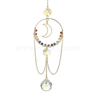 7 Chakra Gemstone Ring Pendant Decoration, with Round Glass and Moon 201 Stainless Steel Charm, for Home Hanging Decoration, 300mm, Hole: 8mm(HJEW-TA00079)