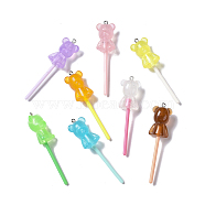 Luminous Translucent Resin Big Pendants, with Platinum Tone Iron Loops, Plastic, Glow in the Dark Bear Lollipops, Mixed Color, 69x17x15mm, Hole: 1.8mm(RESI-D057-01)