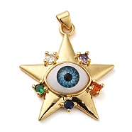 Real 18K Gold Plated Brass Pendants, with Glass and Acrylic, Evil Eye, Star, 32x29x7mm, Hole: 5x3mm(KK-A198-05G-02)