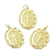 Brass Pendants, with Jump Ring, Long-Lasting Plated, Lead Free & Cadmium Free, Flat Round with Cross, Real 18K Gold Plated, 25x18x2.5mm, Hole: 3.5mm(KK-Z028-12G)