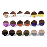 Resin & Walnut Wood Stud Earring Findings, with 304 Stainless Steel Pin, Flat Round, Mixed Style, Mixed Color, 15mm, Hole: 1.8mm, Pin: 0.7mm(MAK-N032-008A)