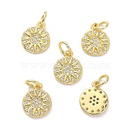 Brass Micro Pave Clear Cubic Zirconia Charms, with Jump Ring, Long-Lasting Plated, Flat Round with Sun, Real 18K Gold Plated, 11x9x1.5mm, Jump Ring: 5x1mm, 3mm Inner Diameter(X-ZIRC-L091-079G)