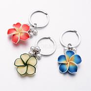 Platinum Tone Iron Keychain, with Handmade Polymer Clay Flower and Pearlized Glass Beads, Mixed Color, 81mm(KEYC-JKC00085)
