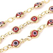 3.28 Feet Handmade Evil Eye Lampwork Link Chains, Soldered, with Brass Findings, Long-Lasting Plated, Flat Round, Golden, Red, 10x4.5x2mm, Hole: 1.5mm(X-CHC-F009-01A-G03)