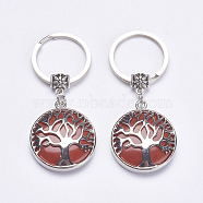 Natural Red Jasper Keychain, with Brass Finding, Flat Round with Tree of Life, 64mm(KEYC-G043-C08)