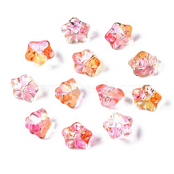 Two Tone Transparent Spray Painted Glass Beads, Flower, Hot Pink, 10x10x7mm, Hole: 1.2mm(GGLA-S054-011D-01)