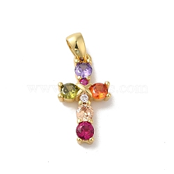 Rack Plating Brass Cubic Zirconia Pendants, Lead Free & Cadmium Free, Long-Lasting Plated, Cross, Real 18K Gold Plated, 16.5x9x3mm, Hole: 2.5x4mm(X-KK-G504-17G)